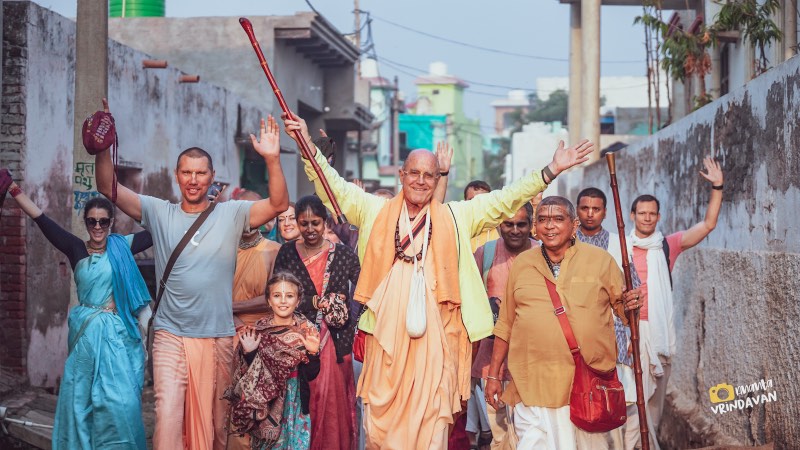 Devotees chanting through a village lane